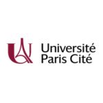 logo universite paris cite ecrit en noir avec un logo rouge foncé qui represente la tour eiffel sur la seine